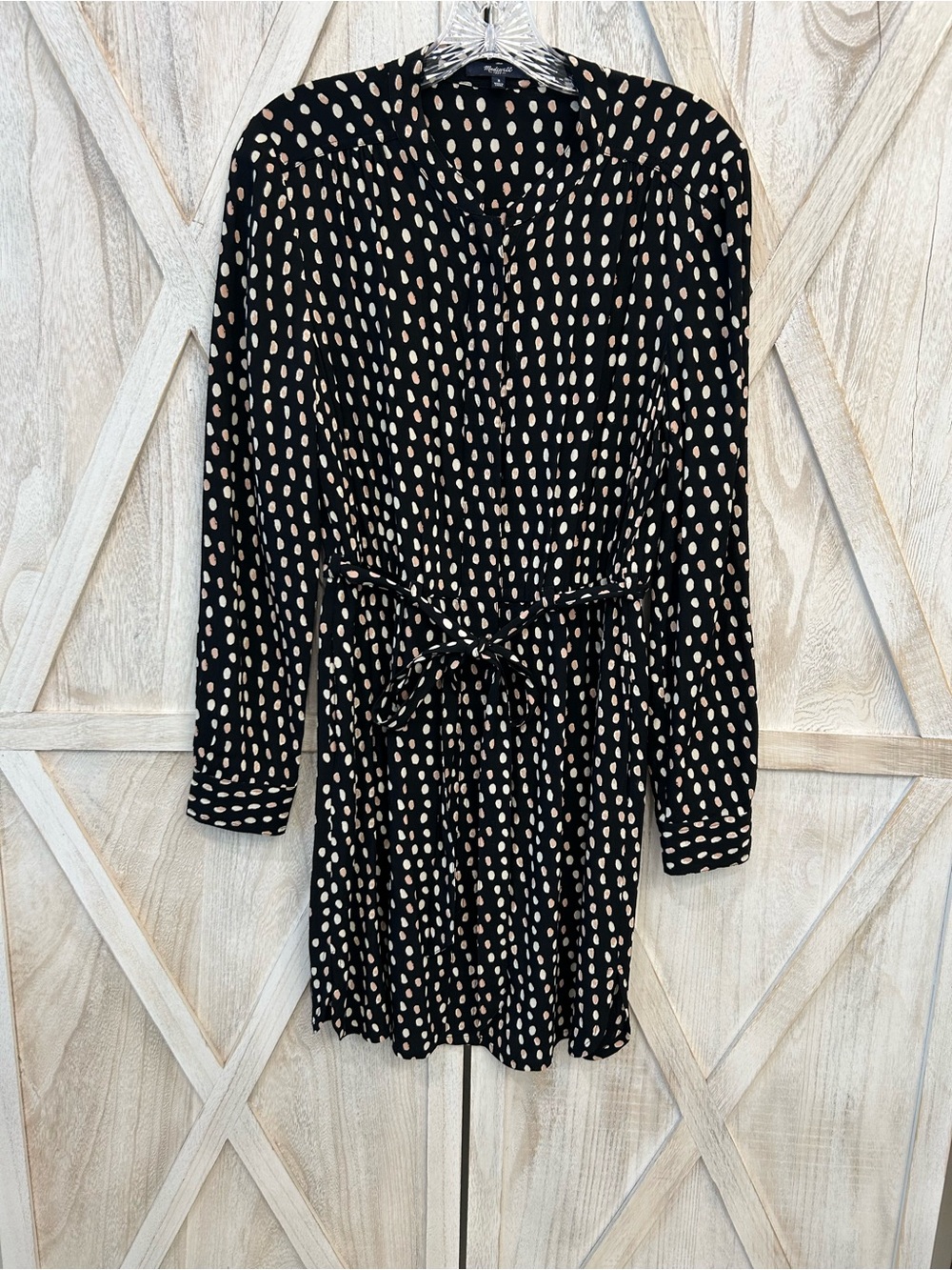Madewell Black Dress with Cream Dot Print and Tie Waist